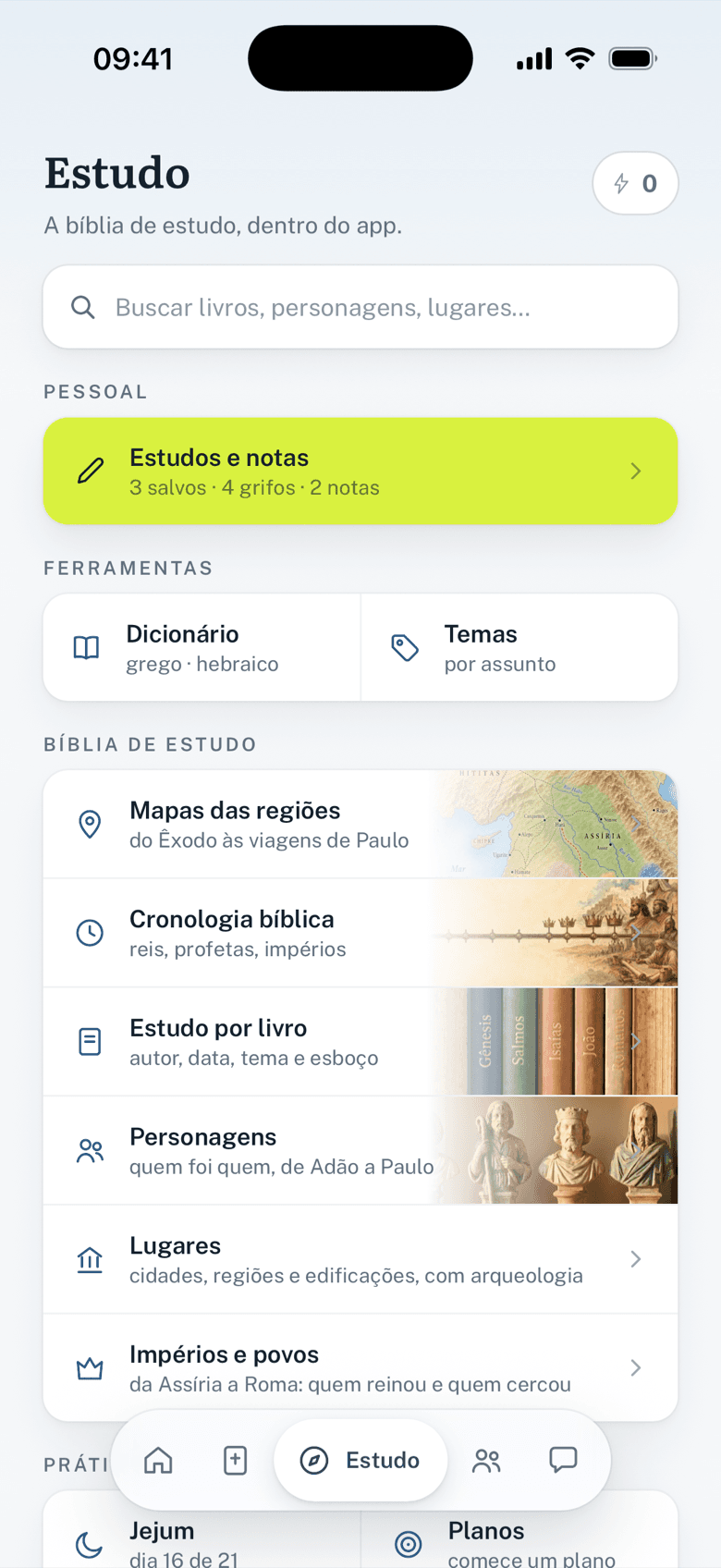 Aba Estudo: dicionário, temas, mapas, cronologia, estudo por livro, personagens, lugares e povos